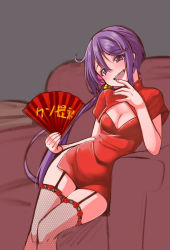 Rule 34 | 1girl, ahoge, akebono (kancolle), alternate breast size, alternate costume, arm support, bell, breasts, china dress, chinese clothes, cleavage, cleavage cutout, clothing cutout, couch, covered navel, dress, fishnet thighhighs, fishnets, folding fan, garter straps, grey background, hair bell, hair ornament, hand fan, head tilt, holding, holding fan, jingle bell, kantai collection, leaning to the side, long hair, looking at viewer, medium breasts, on couch, purple eyes, purple hair, red dress, short dress, short sleeves, side ponytail, side slit, simple background, sitting, solo, thighhighs, thighs, translation request, very long hair, yuki to hana