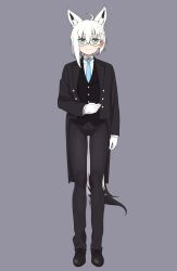 Rule 34 | 1girl, :3, ahoge, animal ear fluff, animal ears, arm at side, asymmetrical hair, black-framed eyewear, black footwear, black jacket, black pants, black vest, blue necktie, braid, butler, closed mouth, crossdressing, extra ears, facing viewer, female butler, fox ears, fox girl, fox tail, full body, glasses, gloves, green eyes, grey background, highres, hololive, jacket, legs apart, long hair, long sleeves, looking at viewer, necktie, okunin, open clothes, open jacket, pants, shirakami fubuki, shirt, shoes, simple background, solo, standing, star (symbol), tail, vest, virtual youtuber, white gloves, white hair, white shirt