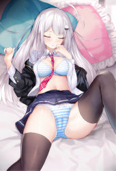Rule 34 | 1girl, absurdres, antenna hair, bed, bed sheet, black jacket, black thighhighs, blue skirt, bow, bow panties, bra, breasts, cameltoe, cleft of venus, closed eyes, clothes lift, collar, collared shirt, hair ornament, highres, jacket, knee up, long hair, long sleeves, medium breasts, navel, necktie, niliu chahui, on bed, open clothes, open shirt, original, over-kneehighs, panties, pillow, pink necktie, pleated skirt, school uniform, shirt, skirt, skirt lift, sleeping, solo, spread legs, striped bra, striped clothes, striped necktie, striped neckwear, striped panties, thighhighs, thighs, tokisaki mio (niliu chahui), underwear, white bow, white collar, white hair, white shirt