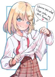 Rule 34 | 1girl, blonde hair, blue eyes, blush, closed mouth, clothes lift, collared shirt, cowboy shot, english text, hair ornament, hairclip, head tilt, heart, high-waist skirt, highres, hololive, hololive english, kiirokuma, lifting own clothes, long sleeves, looking at viewer, plaid, plaid skirt, red skirt, shirt, shirt lift, short hair, skirt, smile, solo, speech bubble, twitter username, two-tone background, typo, virtual youtuber, watson amelia, watson amelia (1st costume), white background, white shirt
