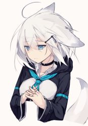 Rule 34 | 1girl, ahoge, animal ears, aqua neckerchief, beige background, blue eyes, closed mouth, commentary request, dog ears, dog tail, fox ears, fox tail, hair between eyes, hair ornament, hairclip, half-closed eyes, hood, hoodie, interlocked fingers, light frown, nagishiro mito, neckerchief, original, own hands together, simple background, solo, tail, upper body, white hair