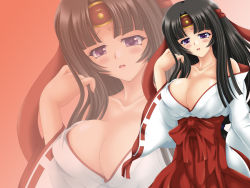 Rule 34 | 00s, 1girl, bad id, bad pixiv id, black hair, blush, breasts, cleavage, headband, highres, huge breasts, japanese clothes, long hair, miko, musha miko tomoe, nagimasa, open mouth, purple eyes, queen&#039;s blade, solo, tomoe (queen&#039;s blade), tomoe (queen's blade), zoom layer