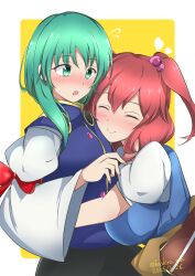 2girls absurdres asymmetrical_hair blush breasts closed_eyes dated green_eyes green_hair hair_bobbles hair_ornament hashiro_fumi heart highres hug juliet_sleeves large_breasts long_sleeves multiple_girls obi onozuka_komachi open_mouth puffy_sleeves red_hair sash shiki_eiki short_sleeves simple_background touhou twitter_username two_side_up wide_sleeves yellow_background