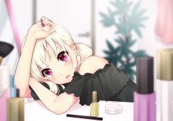 Rule 34 | 1girl, black dress, blonde hair, blurry, blurry background, bon (bonbon315), commentary request, door, dress, face, indoors, looking at viewer, medium hair, nail polish, original, purple eyes, purple nails, solo, twintails