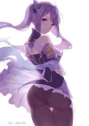 Rule 34 | 1girl, artist name, ass, bare shoulders, blush, breasts, detached sleeves, dress, from behind, genshin impact, hair ornament, hairpin, keqing (genshin impact), lightria, long hair, looking at viewer, panties, panties under pantyhose, pantyhose, purple dress, purple eyes, purple hair, short dress, sideboob, skirt, smile, solo, twintails, underwear