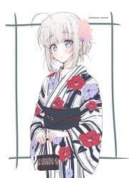 Rule 34 | 1girl, absurdres, ahoge, alternate costume, artist name, bag, blue flower, blush, chili-tomato (gekikaraya), closed mouth, commentary request, cowboy shot, fate (series), floral print, flower, gray (fate), green eyes, grey hair, hair flower, hair ornament, highres, holding, japanese clothes, kimono, long sleeves, looking at viewer, lord el-melloi ii case files, obi, pink flower, print kimono, red flower, sash, short hair, sketch, solo, striped clothes, striped kimono, white background, wide sleeves