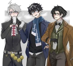 Rule 34 | 3boys, :d, argyle, belt, bespectacled, black bow, black bowtie, black coat, black eyes, black gloves, black hair, black pants, black sweater, blue eyes, blue jacket, blue scarf, bow, bowtie, breath, brown coat, brown eyes, charlemagne (fate), coat, collared shirt, constantine xi (fate), cowboy shot, cup, disposable cup, drinking, earrings, facial mark, fate/grand order, fate (series), fringe trim, glasses, gloves, green vest, grey background, grey hair, hair between eyes, half gloves, hand in pocket, highres, holding, holding cup, jacket, james moriarty (ruler) (fate), jewelry, looking at another, looking at viewer, male focus, monocle, multicolored hair, multiple boys, open mouth, outside border, pants, scarf, shicoro16, shirt, short hair, single glove, smile, streaked hair, sweater, teeth, vest, whipped cream, white belt, white hair, white scarf, white shirt