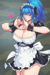 Rule 34 | 1girl, alternate costume, apron, black dress, blue eyes, blue hair, blush, breasts, cleavage, dress, enmaided, frilled apron, frilled dress, frills, hair ornament, heart, highres, large breasts, leona heidern, long hair, maid, maid apron, maid headdress, multicolored background, negresco, ponytail, puffy short sleeves, puffy sleeves, short sleeves, solo, the king of fighters, waist apron, white apron, wrist cuffs
