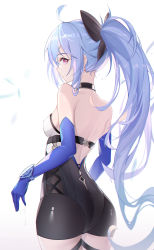 Rule 34 | 1girl, absurdres, ahoge, ass, back, bare shoulders, black bodysuit, black bow, blue hair, bodysuit, bow, breasts, choker, cowboy shot, elbow gloves, eula (genshin impact), genshin impact, gloves, hair bow, high ponytail, highres, long hair, looking at viewer, medium breasts, ponytail, red eyes, shimutsuki, solo, thighs, white background