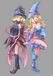 Rule 34 | 2girls, bare shoulders, blonde hair, blue footwear, blush stickers, boots, breasts, cleavage, covered erect nipples, dark magician girl, duel monster, full body, gagaga girl, green eyes, grey background, hands up, hat, highres, large breasts, leg up, long hair, multiple girls, open mouth, red eyes, rokuta66, simple background, smile, standing, wizard hat, yu-gi-oh!, yu-gi-oh! duel monsters, yu-gi-oh! zexal
