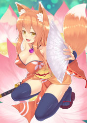 Rule 34 | 1girl, :d, animal ears, black thighhighs, breasts, cleavage, fox ears, fox tail, hand fan, holding, katana, long hair, open mouth, orange hair, original, saemon (tonpura), smile, squatting, sword, tail, thighhighs, weapon, yellow eyes