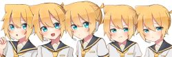 Rule 34 | 5boys, akikan sabago, bass clef, black collar, blonde hair, blue eyes, blush, collar, commentary, expressionless, expressions, furrowed brow, headphones, headset, kagamine len, looking at viewer, male focus, multiple boys, multiple persona, necktie, open mouth, parted lips, pout, sad, sailor collar, school uniform, shirt, short hair, short ponytail, short sleeves, smile, spiked hair, upper body, v-shaped eyebrows, vocaloid, white shirt, yellow neckwear