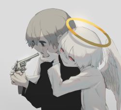 Rule 34 | 2boys, absurdres, angel, angel wings, avogado6, crying, crying with eyes open, evil smile, feathered wings, formal, gakuran, grey hair, gun, gun in mouth, halo, handgun, highres, imminent suicide, male focus, mouth pull, multiple boys, open mouth, original, red eyes, revolver, school uniform, smile, suicide, suit, tears, upper body, weapon, white hair, white suit, white wings, wings