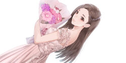 Rule 34 | 1girl, absurdres, blue reflection (series), blue reflection sun, brown eyes, brown hair, dress, dutch angle, facing viewer, flower, forehead, from side, highres, holding, holding flower, ikoma ayami, kishida mel, lace, lace-trimmed dress, lace trim, long hair, parted bangs, pink dress, pink flower, simple background, solo, white background, white flower