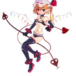 Rule 34 | 1girl, bare shoulders, black thighhighs, blonde hair, boots, choker, cosplay, disgaea, elbow gloves, etna (disgaea), etna (disgaea) (cosplay), flandre scarlet, flat chest, full body, gloves, hat, highres, laevatein (touhou), legs apart, looking at viewer, makai senki disgaea, midriff, mob cap, navel, one side up, pointy ears, red eyes, short shorts, shorts, simple background, solo, standing, sum re1, thigh boots, thighhighs, thighhighs under boots, touhou, white background, white hat, wings