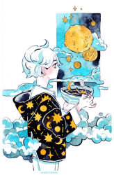 Rule 34 | 1girl, artist name, cereal, cloud, cowboy shot, crater, crescent moon, earrings, jewelry, long sleeves, maruti bitamin, moon, original, planet, profile, short hair, smile, solo, spoon, white hair, yellow eyes