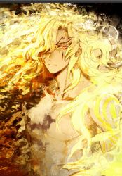 Rule 34 | 1boy, abs, artist name, black background, blonde hair, closed mouth, dark-skinned male, dark skin, disintegration, facial tattoo, fate/grand order, fate (series), floating hair, frown, glowing, glowing eyes, goetia (fate), hair over one eye, half-closed eyes, light particles, long hair, looking at viewer, male focus, messy hair, nude, one eye covered, onigiri (hfyt2533), orange eyes, red eyes, shatter, sidelocks, solo, tattoo, upper body