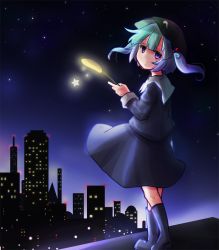 Rule 34 | 1girl, blue eyes, blue hair, boots, building, cattail, cityscape, from behind, hat, kanno fumiroku, kawashiro nitori, long sleeves, looking at viewer, looking back, matching hair/eyes, night, night sky, plant, rubber boots, shirt, short hair, skirt, skirt set, sky, skyscraper, solo, star (sky), star (symbol), starry sky, touhou, toy block, twintails, two side up