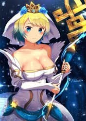 Rule 34 | 1girl, artist name, bare shoulders, blonde hair, blue eyes, blue flower, blue hair, blush, breasts, bridal veil, bride, bride (fire emblem), chinchongcha, cleavage, closed mouth, commentary, crown, dress, english commentary, fire emblem, fire emblem heroes, fjorm (fire emblem), flower, gradient hair, hair between eyes, hair flower, hair ornament, highres, holding, holding staff, holding weapon, looking at viewer, medium breasts, multicolored hair, nintendo, short hair, smile, snowflakes, solo, staff, veil, weapon, wedding dress, white dress