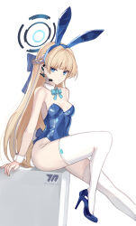 Rule 34 | 1girl, animal ears, blonde hair, blue archive, blue eyes, blue leotard, bow, bowtie, braid, breasts, detached collar, fake animal ears, hairband, halo, high heels, highleg, highleg leotard, highres, leg up, leotard, long hair, looking at viewer, official alternate costume, playboy bunny, rabbit ears, rabbit tail, shiori (akasaka shiori), simple background, sitting, small breasts, solo, strapless, strapless leotard, tail, thighhighs, toki (blue archive), toki (bunny) (blue archive), white background, white thighhighs, wrist cuffs