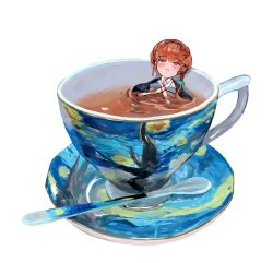 Rule 34 | 1girl, absurdres, bathing, blue eyes, blush, braid, cross tie, cup, fate/grand order, fate (series), highres, in container, in cup, looking at viewer, mini person, minigirl, partially submerged, red hair, shimogamo (shimomo 12), short hair, side braid, simple background, smile, solo, starry night, tea, teacup, teaspoon, van gogh (fate), water, white background