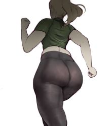 Rule 34 | 1girl, absurdres, arm behind back, ass, black pants, blonde hair, commentary, from behind, green shirt, highres, long hair, namespace, original, pants, ponytail, shirt, simple background, solo, thick thighs, thighs, track pants, white background
