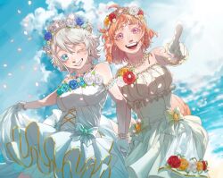 2girls bare_shoulders blue_eyes blush brown_hair earrings flower highres holding_hands jewelry jiguang_haibao love_live! love_live!_sunshine!! multiple_girls necklace one_eye_closed open_mouth pearl_necklace petals pointing ribbon short_hair smile takami_chika tiara watanabe_you