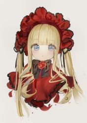 Rule 34 | 1girl, bad id, bad pixiv id, black bow, blonde hair, blue eyes, blunt bangs, bow, capelet, flower, grey background, haruri, head tilt, highres, long hair, parted lips, red capelet, red flower, red rose, rose, rozen maiden, shinku, signature, simple background, sketch, solo, twintails, upper body, very long hair