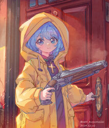 1girl absurdres blue_eyes blue_hair cross cross_necklace double-barreled_shotgun finger_on_trigger gun highres holding holding_gun holding_weapon hood hood_up jewelry looking_at_viewer luce_(jubilee_2025) necklace nero_augustus opening_door original rosary shotgun smile weapon yellow_raincoat