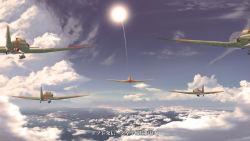 Rule 34 | aircraft, airplane, blue sky, cloud, contrail, day, from behind, horizon, kantai collection, key kun, motion blur, ocean, outdoors, propeller, scenery, sky, sun, translation request, vehicle focus