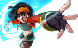Rule 34 | 1girl, aqua background, asymmetrical legwear, attack, belt, black belt, black eyes, black gloves, black hair, blunt bangs, child, clenched hand, contrapposto, cowboy shot, crop top, dragon ball, dragon ball heroes, energy, eyelashes, facing viewer, fanny pack, female focus, fighting stance, fingerless gloves, fingernails, flat chest, floating hair, foreshortening, frown, fur-trimmed shorts, fur trim, gloves, glowing, green shorts, green thighhighs, hairband, jacket, knee pads, leaning forward, looking afar, navel, official style, open clothes, open jacket, open mouth, orange hairband, outstretched hand, pan (dragon ball), pan (xeno), perspective, red jacket, rom (20), serious, short hair, short shorts, shorts, simple background, single leg pantyhose, single thighhigh, skin tight, skindentation, solo, sparkle, sparkle background, stomach, teeth, thighhighs, thighs, toned, uneven legwear, v-shaped eyebrows, white background