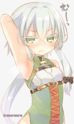 Rule 34 | 1girl, armpits, bad id, bad pixiv id, bare shoulders, black bow, blush, bow, breasts, closed mouth, colored eyelashes, dress, goblin slayer!, green dress, green eyes, grey background, hair between eyes, hair bow, high elf archer (goblin slayer!), long hair, looking at viewer, mashiro miru, pointy ears, sidelocks, silver hair, simple background, sleeveless, sleeveless dress, small breasts, solo, sweat, twitter username, upper body, very long hair, wavy mouth