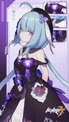 Rule 34 | 1girl, ahoge, arms behind back, bare shoulders, beret, black dress, blue hair, breasts, closed mouth, commentary, dress, english commentary, griseo, griseo (starry impression), hat, highres, honkai (series), honkai impact 3rd, logo, looking at viewer, official alternate costume, official art, official wallpaper, small breasts, smile, solo, upper body