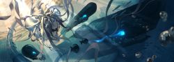 Rule 34 | 1girl, absurdres, abyssal ship, blue eyes, bubble, commentary, dress, from below, fujita (condor), full body, glowing, glowing eyes, highres, kantai collection, long hair, looking at another, open mouth, ruins, short sleeves, submarine princess, sunlight, swimming, teeth, torpedo, underwater, very long hair, white dress, white hair