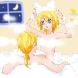 Rule 34 | 1boy, 1girl, bath, blonde hair, blue hair, blurry, blurry background, brother and sister, bubble, chestnut mouth, convenient censoring, crescent moon, hair ribbon, hands up, kagamine len, kagamine rin, leaning back, looking at another, mixed-sex bathing, moon, night, nude, ribbon, rubber duck, rurineiro, same-sex bathing, shared bathing, shelf, short hair, short ponytail, siblings, steam, steam censor, v-shaped eyebrows, vocaloid, window