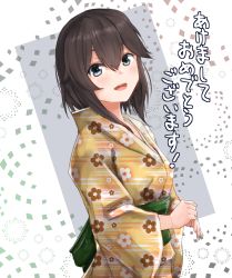 Rule 34 | 1girl, :d, alternate costume, ame-rain, black hair, grey eyes, hair between eyes, hayasui (kancolle), highres, japanese clothes, kantai collection, kimono, looking at viewer, open mouth, own hands together, short hair, smile, solo