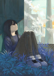 Rule 34 | 1girl, absurdres, against wall, black hair, black shirt, building, closed mouth, denim, hair over one eye, highres, jeans, long hair, long sleeves, original, outdoors, pants, red eyes, shirt, sitting, smog, solo, turquoise iro, white footwear