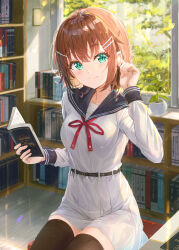 Rule 34 | 1girl, absurdres, belt, black belt, black sailor collar, black thighhighs, blush, book, bookshelf, breasts, brown hair, closed mouth, collarbone, dress, green eyes, hair ornament, hairclip, highres, holding, holding book, indoors, looking at viewer, medium breasts, na kyo, original, pleated dress, red ribbon, ribbon, sailor collar, sailor dress, short hair, sitting, smile, thighhighs