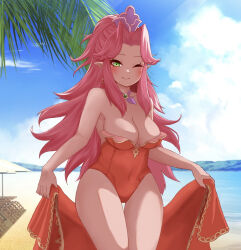 Rule 34 | 1girl, angela (seiken densetsu 3), artist request, bare shoulders, beach, blue sky, blush, breasts, cleavage, closed mouth, cloud, collarbone, covered navel, crown, earrings, female focus, green eyes, hair intakes, holding, holding clothes, holding skirt, jewelry, large breasts, leotard, long hair, looking at viewer, necklace, ocean, one eye closed, outdoors, palm tree, pointy ears, purple hair, red leotard, sand, seiken densetsu, seiken densetsu 3, sidelocks, skirt, sky, smile, solo, square enix, standing, swept bangs, thighs, tree, very long hair
