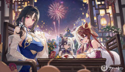 Rule 34 | 3girls, :d, azur lane, blue dress, breasts, chao ho (azur lane), china dress, chinese clothes, cleavage, cleavage cutout, closed mouth, clothing cutout, double bun, dress, fireworks, green eyes, grin, hair bun, hand on own cheek, hand on own face, head rest, highres, hongbao, huge breasts, indoors, lantern, large breasts, lattice, leaning forward, looking at viewer, multicolored hair, multiple girls, night, night sky, official art, on table, open mouth, paper lantern, pink eyes, purple dress, purple eyes, purple hair, red dress, red hair, sky, sleeveless, sleeveless dress, smile, table, teeth, ting an (azur lane), ttosom, two-tone hair, white hair, ying swei (azur lane)