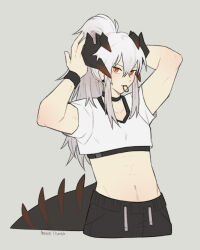 Rule 34 | 1girl, abs, arkiwi, arknights, artist name, black pants, commentary, crop top, cropped legs, dragon girl, dragon horns, dragon tail, english commentary, grey background, hair tie in mouth, highres, horns, long hair, midriff, mouth hold, orange eyes, pants, ponytail, saria (arknights), shirt, short sleeves, simple background, solo, tail, toned female, tying hair, upper body, white hair, white shirt