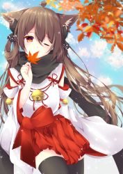 Rule 34 | 1girl, absurdres, amane tari, animal ears, autumn leaves, bell, black bow, black thighhighs, blue sky, bow, brown hair, cat ears, cloud, commentary, day, detached sleeves, hair between eyes, hair bow, hair ornament, hair rings, highres, holding, holding leaf, irori-san, japanese clothes, jingle bell, jitome, leaf, light particles, long hair, looking at viewer, miko, nontraditional miko, one eye closed, original, red eyes, red skirt, scarf, skirt, sky, solo, sparkle, thighhighs, thighs