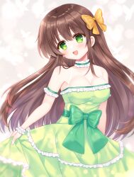 Rule 34 | 1girl, :d, animal, bare shoulders, bow, breasts, brown hair, bug, butterfly, cleavage, commission, dress, frilled dress, frills, green dress, green eyes, grey background, hair between eyes, hair bow, head tilt, highres, insect, long hair, looking at viewer, medium breasts, open mouth, orange bow, original, shikito (yawa0w0), skeb commission, skirt hold, smile, solo, very long hair