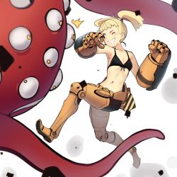 Rule 34 | armor, bare shoulders, black bra, blonde hair, boa (brianoa), bra, breasts, brown eyes, character request, clenched hand, copyright request, floating hair, grin, halterneck, highres, imminent punch, jumping, navel, octopus, one eye closed, one eye covered, oversized forearms, oversized limbs, short hair, simple background, small breasts, smile, twintails, underwear, white background