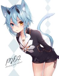 Rule 34 | 1girl, animal ear fluff, animal ears, arms behind back, black gloves, black jacket, black shorts, blue eyes, blue hair, blush, braid, cat ears, cat tail, chest tattoo, collared jacket, commentary request, copyright name, deuman, fang, gloves, hair between eyes, heterochromia, highres, horns, io (pso2), jacket, kemonomimi mode, leaning forward, leg tattoo, lips, looking at viewer, phantasy star, phantasy star online 2, ripu (sherypton), short hair, short shorts, shorts, single braid, solo, standing, tail, tail raised, tattoo, yellow eyes