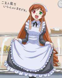 Rule 34 | bakery, black pantyhose, brown hair, clothes lift, cosplay, dress, heterochromia, kurai (cry), long hair, maid, pantyhose, rozen maiden, shop, skirt, skirt lift, solo, standing, suiseiseki, translation request, very long hair