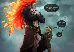 Rule 34 | 2boys, absurdres, bara, black skin, blonde hair, blue eyes, colored sclera, colored skin, commentary, crossed arms, demise (zelda), derivative work, earrings, english commentary, english text, fiery hair, flaccid, height difference, highres, jewelry, kokobiel, large penis, large testicles, link, long hair, looking at penis, male focus, multicolored skin, multiple boys, muscular, muscular male, nintendo, no panties, penis, pointy ears, precum, red sclera, showgirl skirt, skirt aside, speech bubble, sweat, testicles, the legend of zelda, the legend of zelda: skyward sword, topless male, two-tone skin, uncensored, yaoi, yellow eyes