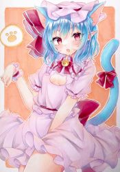 Rule 34 | 1girl, adapted costume, animal ears, bell, blue hair, blush, bow, cat ears, cat tail, cowboy shot, dress, fang, hat, highres, jingle bell, kemonomimi mode, looking at viewer, marker (medium), mob cap, natsume nadeshiko, pointy ears, puffy short sleeves, puffy sleeves, red bow, red eyes, red ribbon, remilia scarlet, ribbon, short hair, short sleeves, solo, tail, touhou, traditional media, wings, wrist cuffs