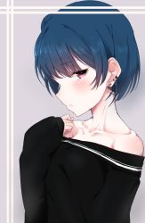 Rule 34 | 1girl, alternate hair length, alternate hairstyle, bare shoulders, black shirt, blue hair, blush, clenched hand, collarbone, commentary request, ear piercing, earrings, grey background, half-closed eyes, hand on own chest, hand up, highres, jewelry, looking at viewer, love live!, love live! sunshine!!, nasuno (nasuno42), off-shoulder shirt, off shoulder, piercing, purple eyes, shirt, short hair, solo, tsushima yoshiko, upper body