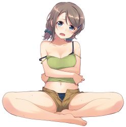 Rule 34 | 1girl, bare legs, barefoot, blue bra, blue eyes, blue panties, bra, breast hold, breasts, bright pupils, brown hair, camisole, cleavage, commentary request, crop top, crossed arms, full body, hair ornament, hair scrunchie, hairclip, highres, indian style, love live!, love live! sunshine!!, low twintails, medium breasts, midriff, nanotsuki, navel, off shoulder, open fly, open mouth, open pants, panties, pants, scrunchie, short shorts, short twintails, shorts, simple background, single sidelock, sitting, solo, strap slip, sweat, swept bangs, twintails, unbuttoned, underwear, unzipped, watanabe you, white background